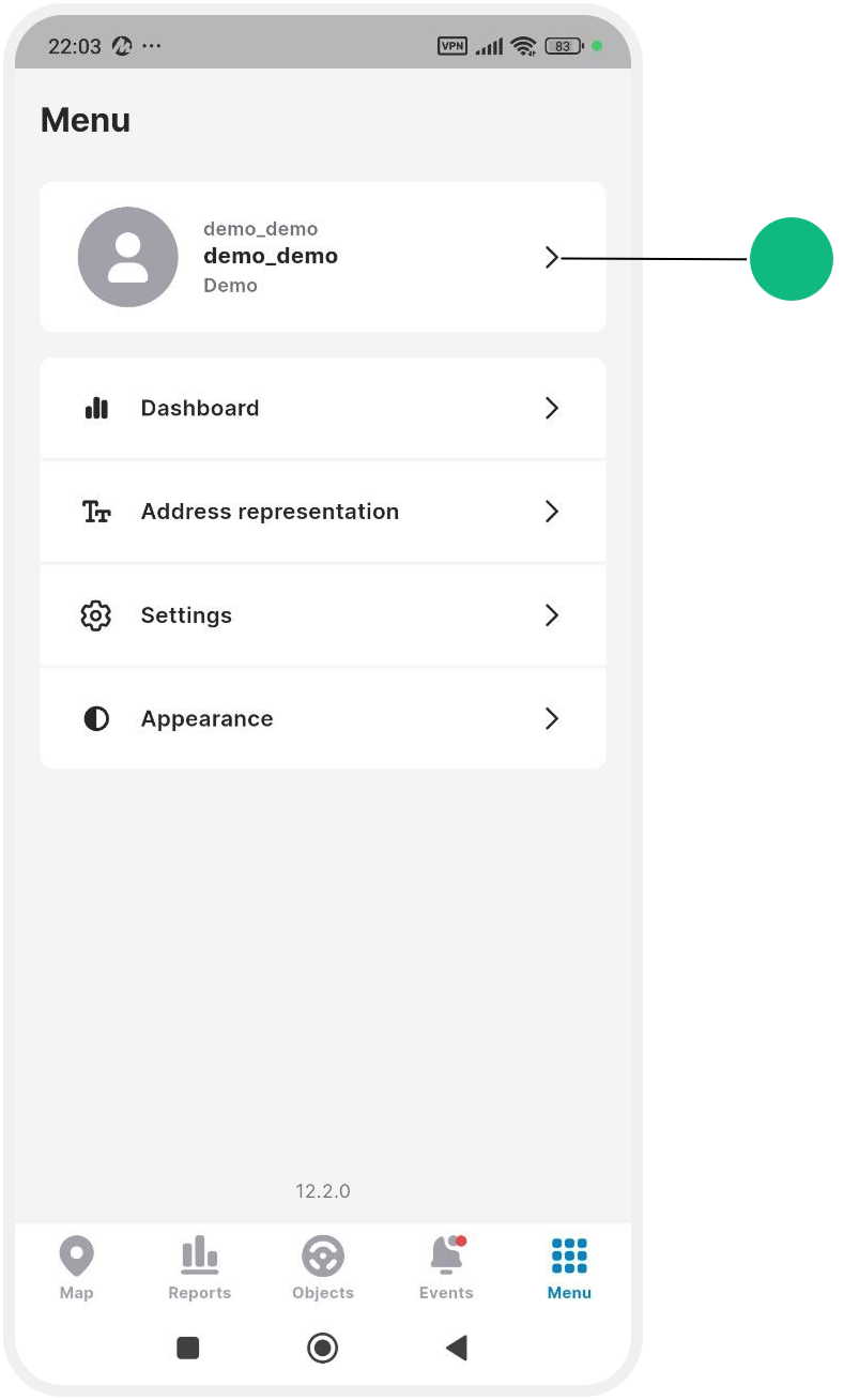 User menu and settings