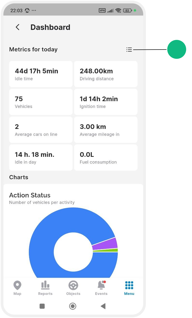User menu and settings
